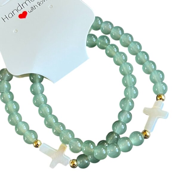 Charmze Stackable Stretch Faith Glass Beads Green Bracelet Set NEW - Picture 1 of 3